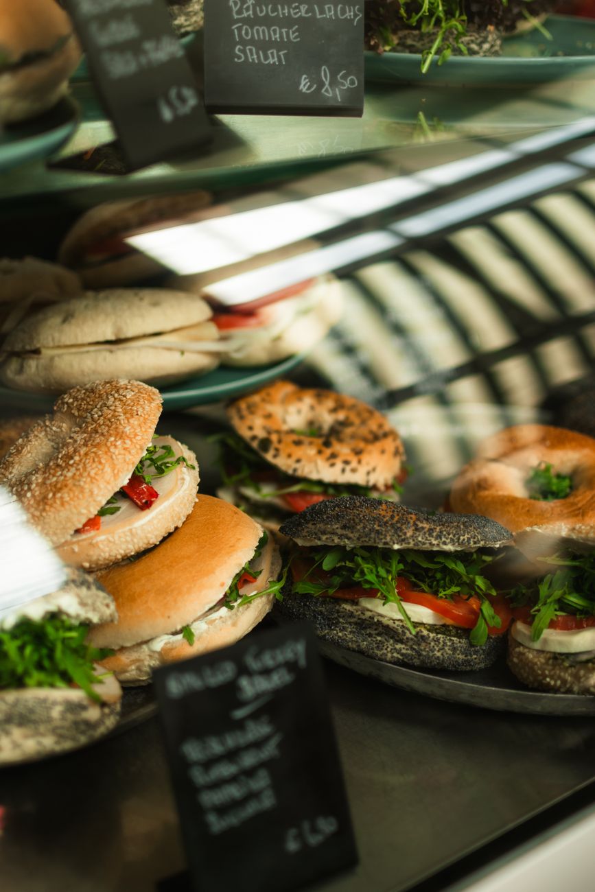 Delicious sandwiches with fresh ingredients displayed in a cafe setting