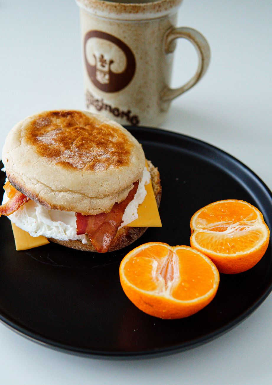 Tasty breakfast featuring a bacon, egg, and cheese sandwich