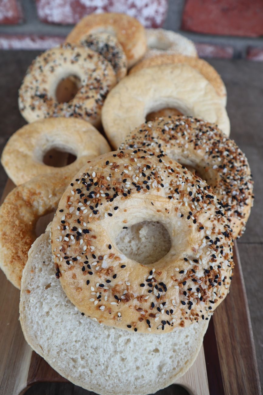 A close-up shot of freshly baked bagels
