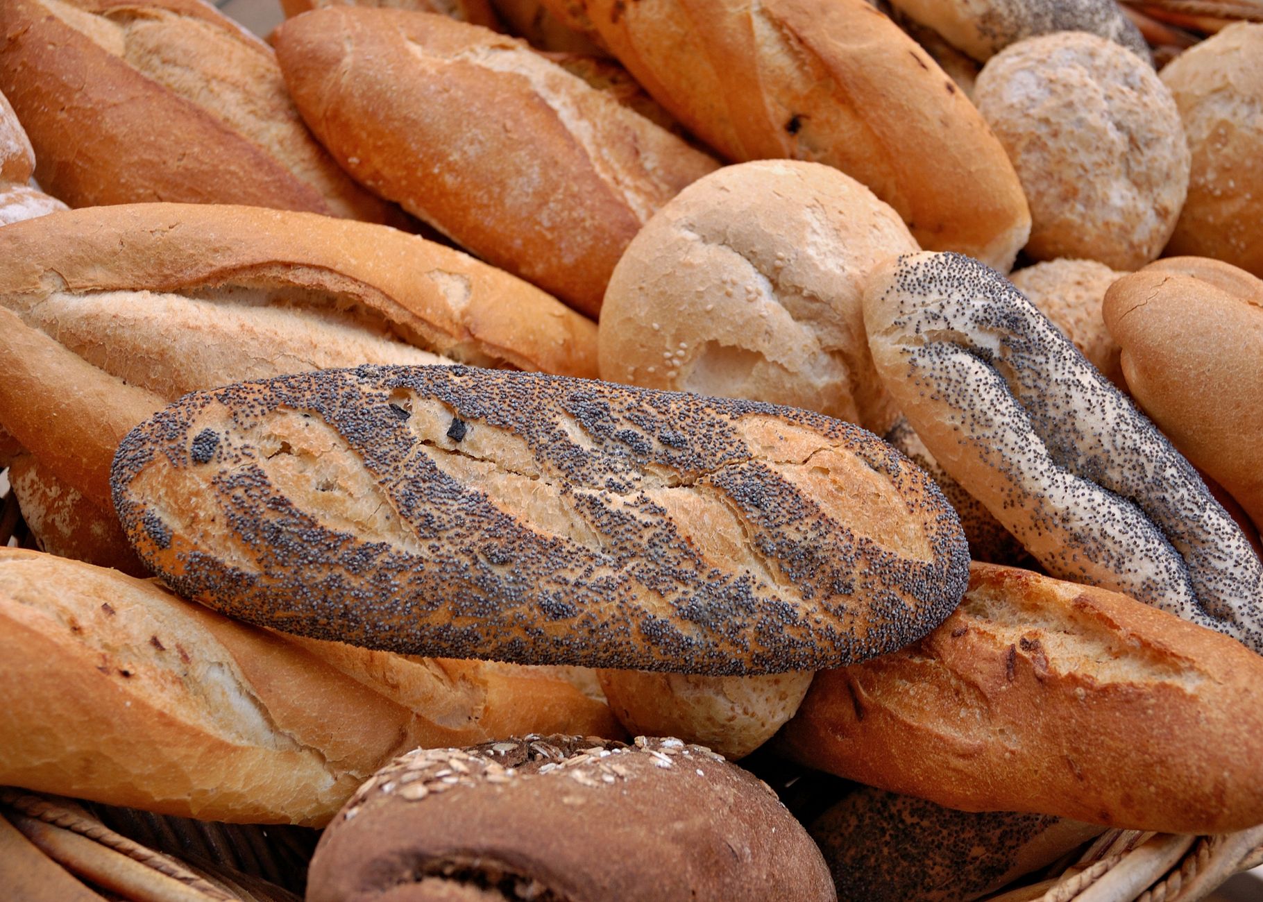 Close-up of a basket filled with assorted freshly baked artisan breads