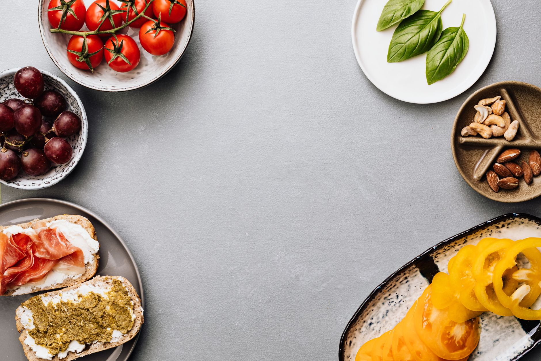 Fresh ingredients with sandwiches in a flat lay style