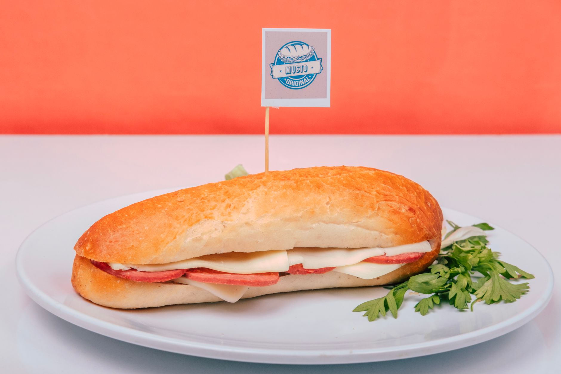 Close-up of a fresh Italian sub sandwich with cheese and salami
