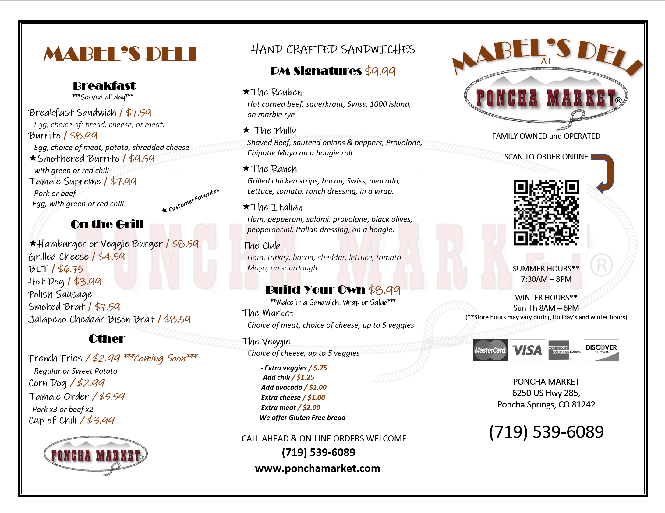 Mabel’s Deli full printed menu
