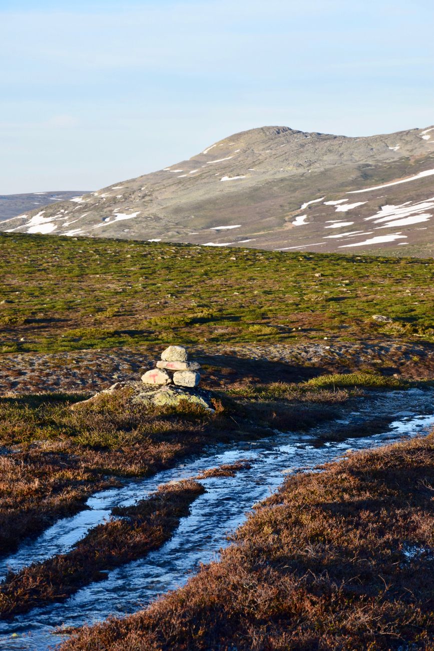 A serene mountain creek flowing through a lush green and snowy highland