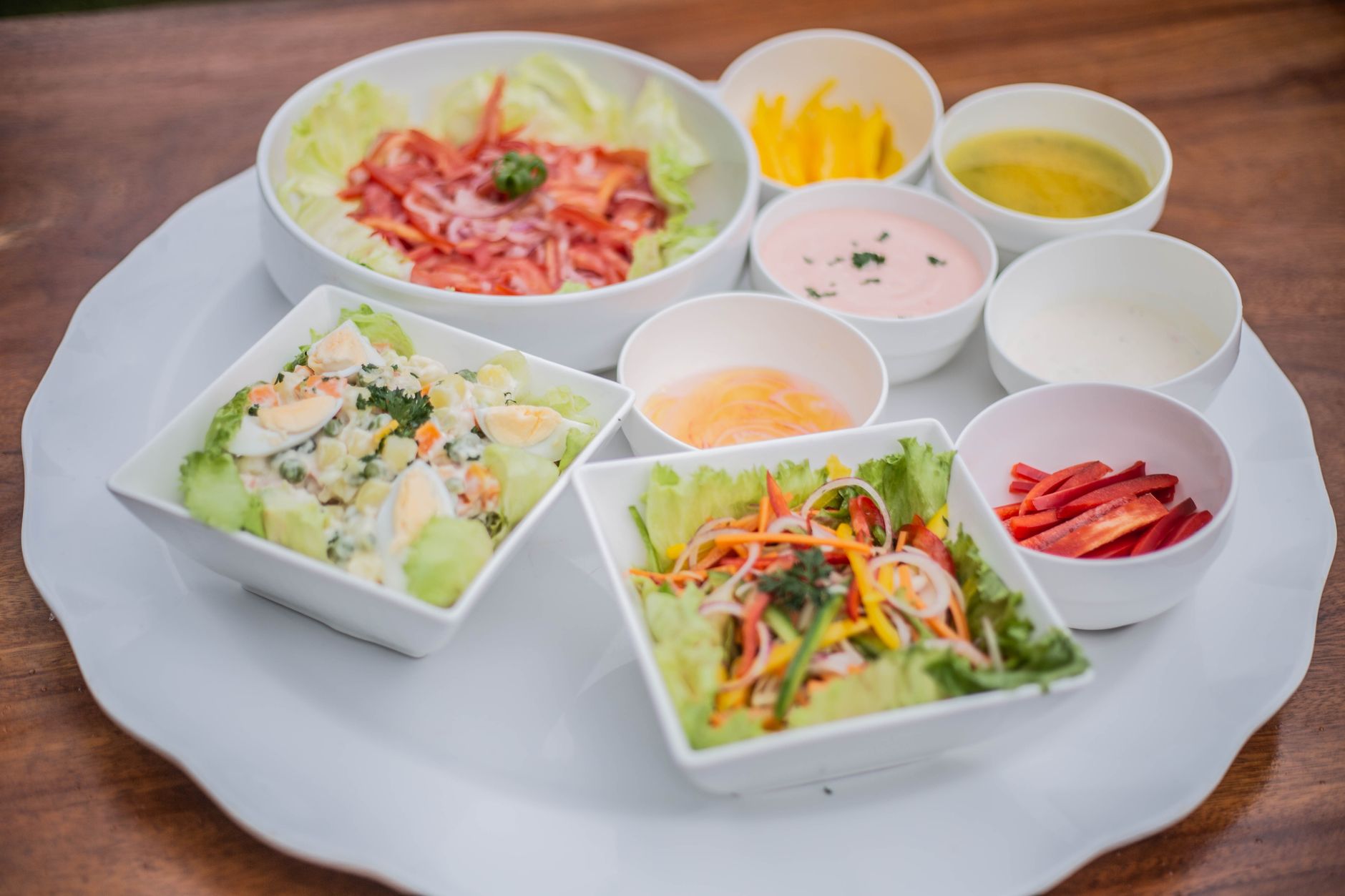A white plate with several small bowls of salad and dipping sauces