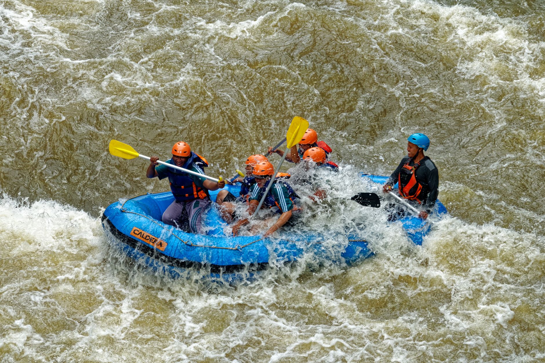 Adventurous group rafting through whitewater rapids