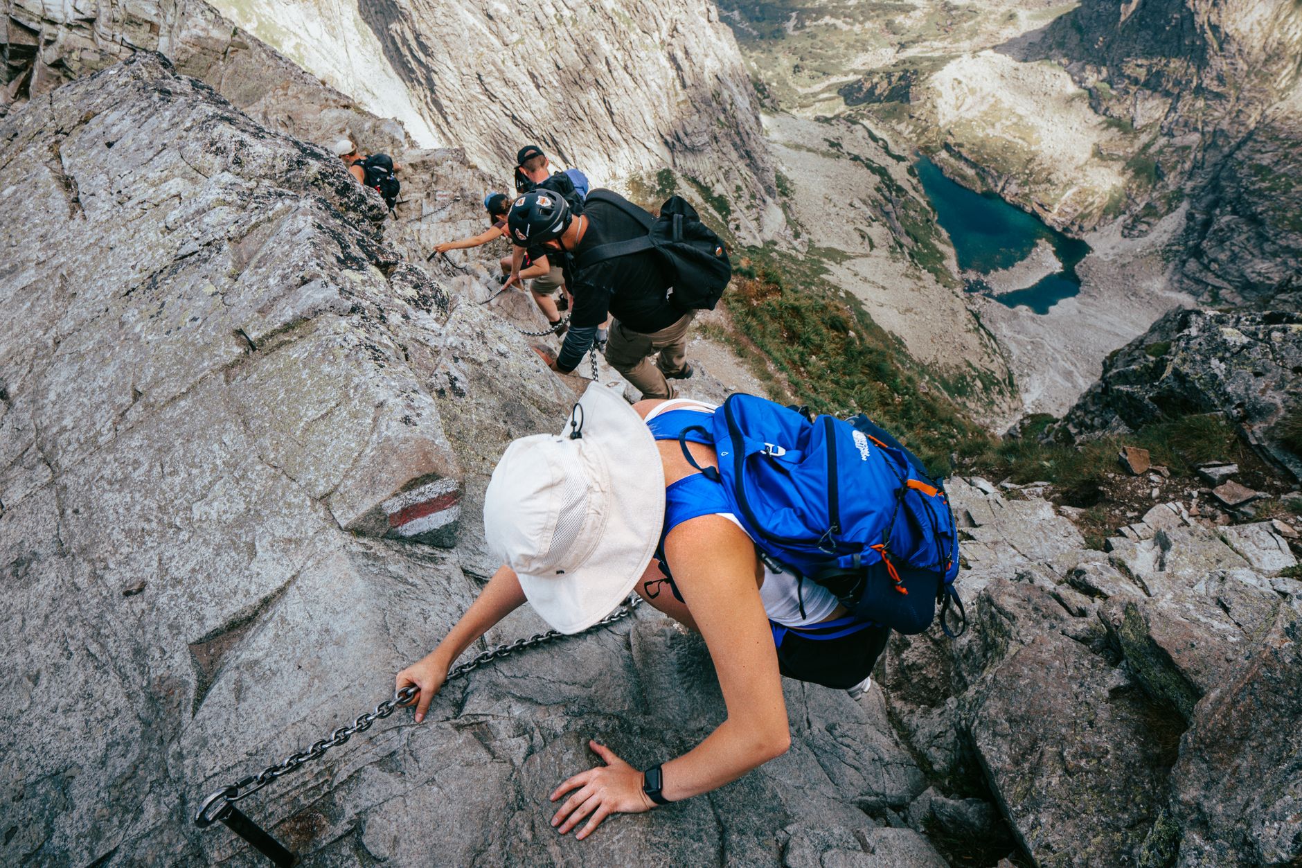 Adventurous hike on a rocky alpine trail
