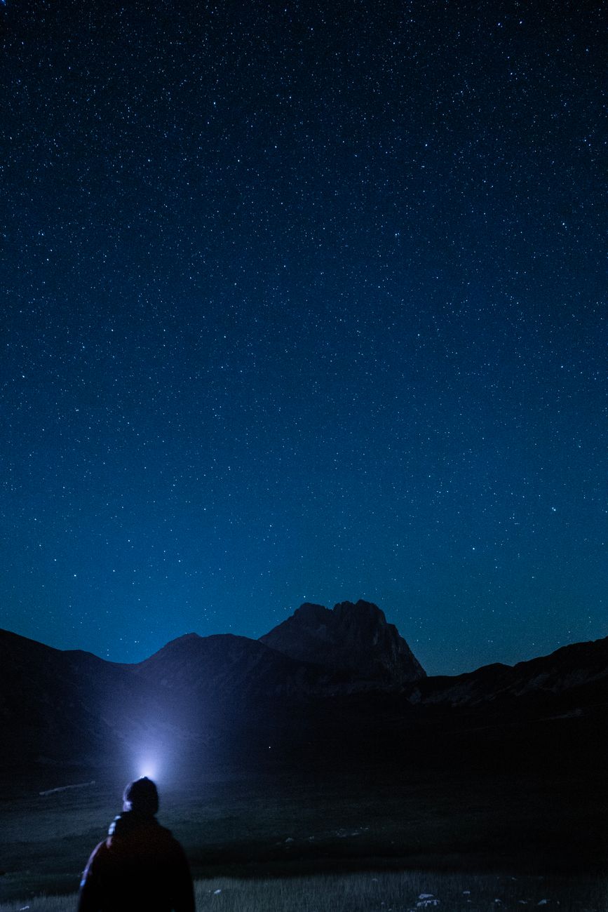 Silhouette of a person under a starlit sky holding a flashlight