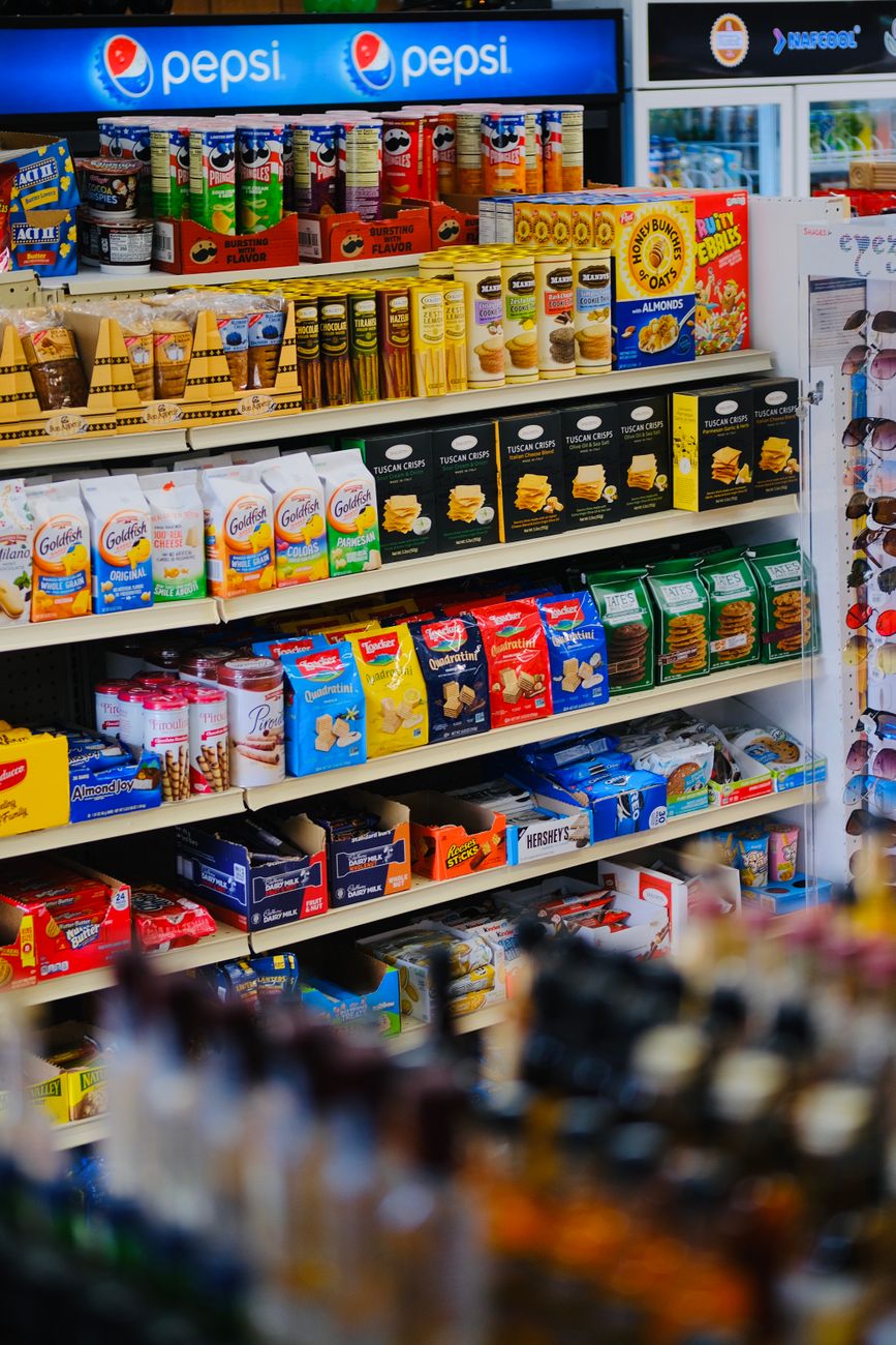 A vibrant display of snacks and beverages on store shelves