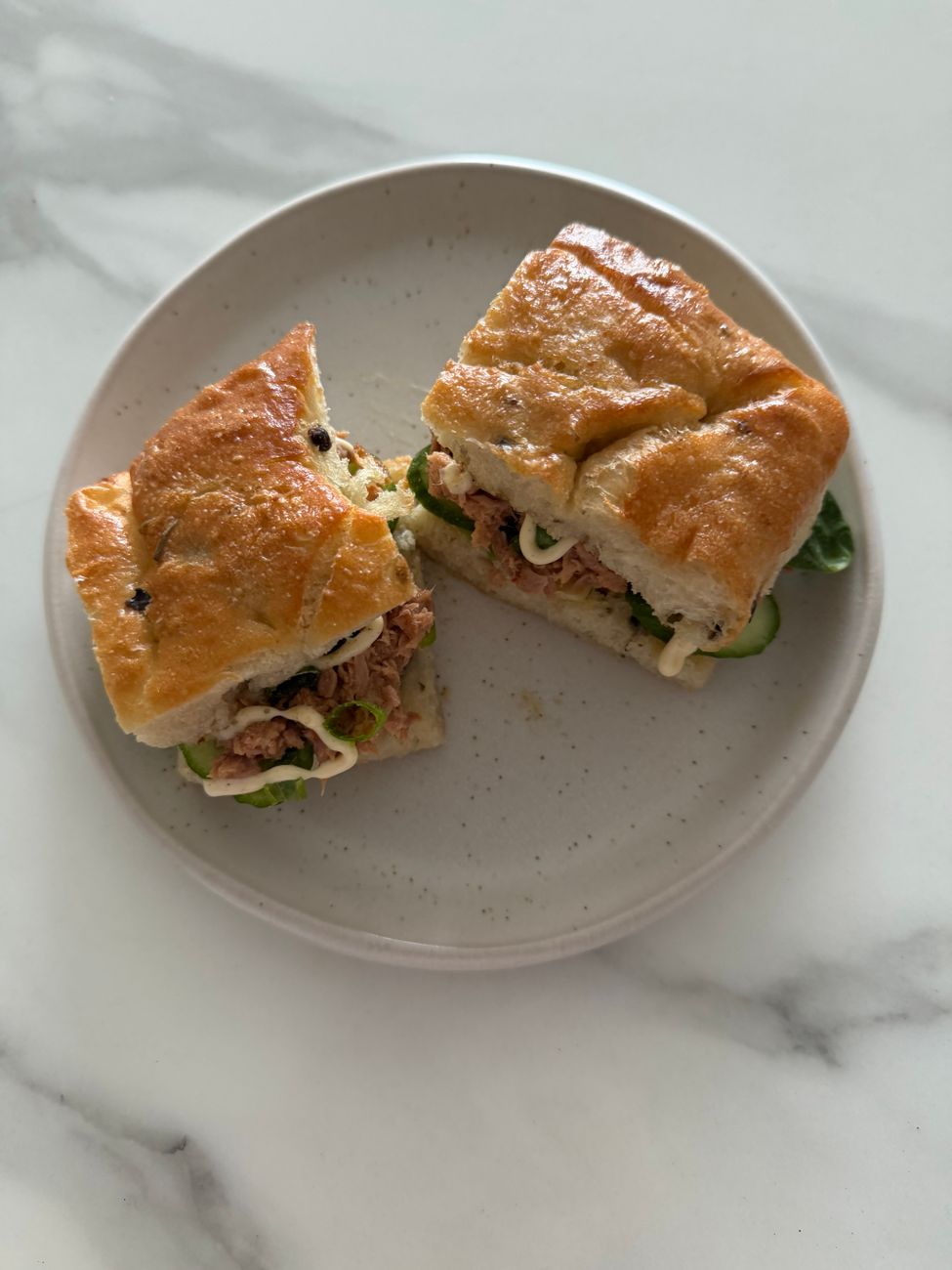 A delicious tuna sandwich made on fresh focaccia bread