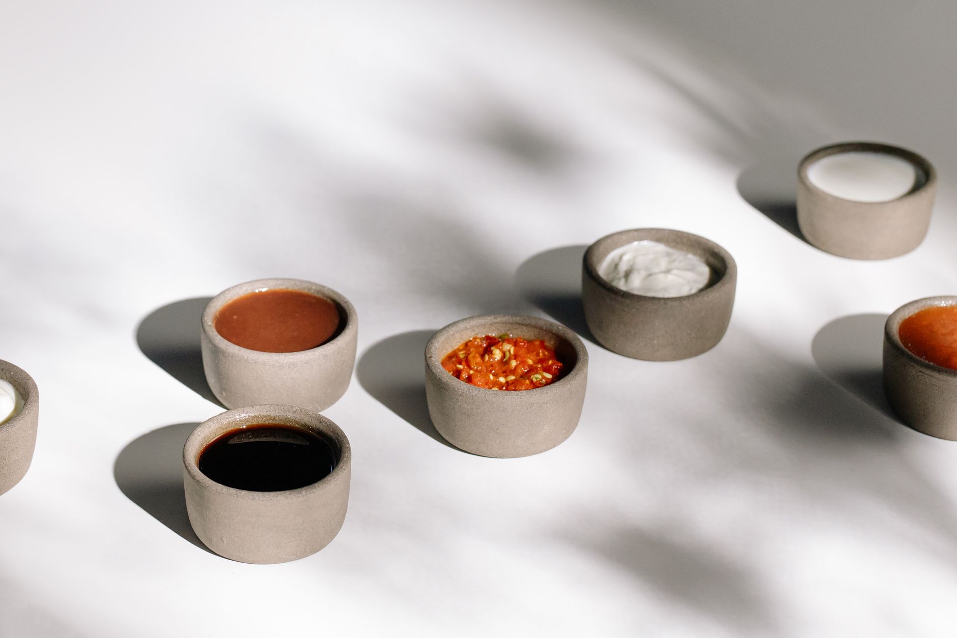 A variety of sauces in ceramic bowls under natural sunlight